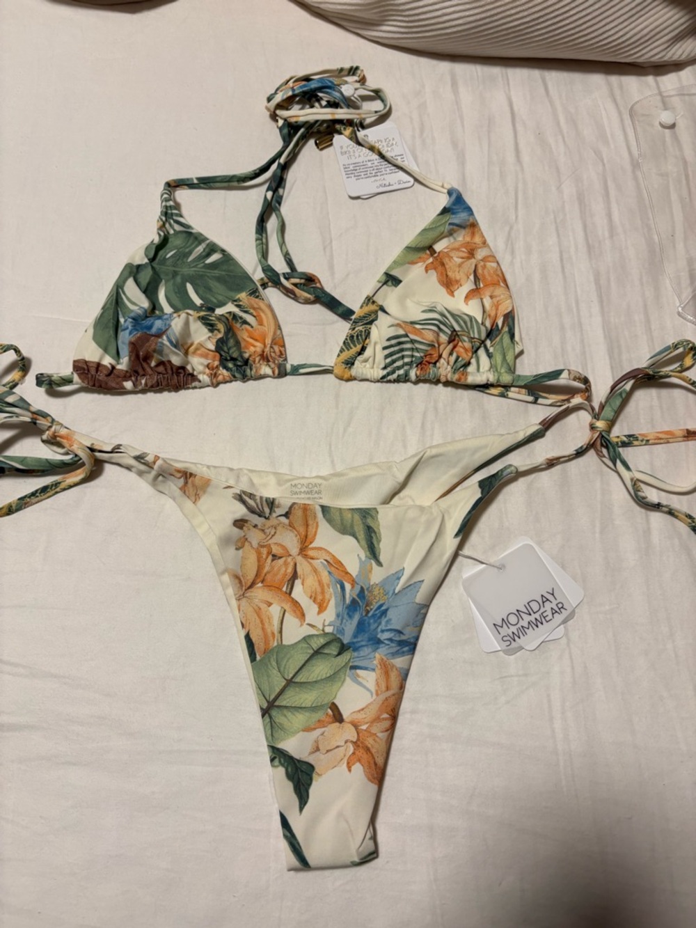 Monday Swimwear Cream Floral Bikini with Green and Orange Leaf Print